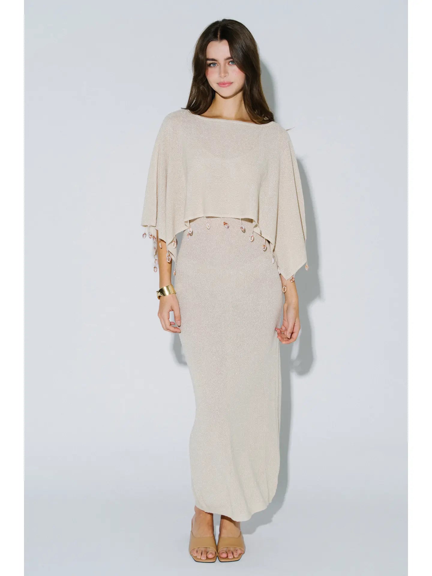 Nude Sheer Knit Poncho Top with Shell Tassel Trim