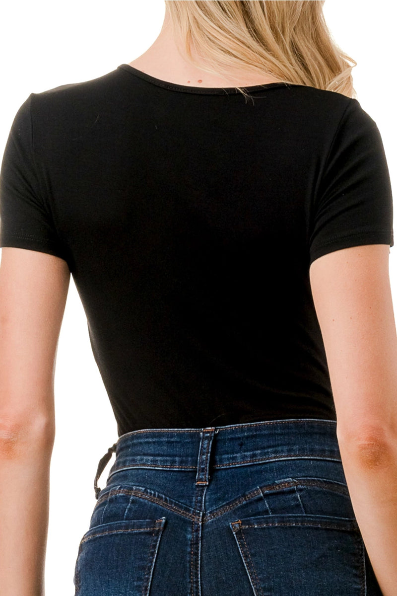 Asymmetric Neckline Black Tee with Gold Shoulder Buttons