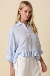 Lightweight Ruffle Hem Button-Up Blouse with Puff Sleeves in Blue