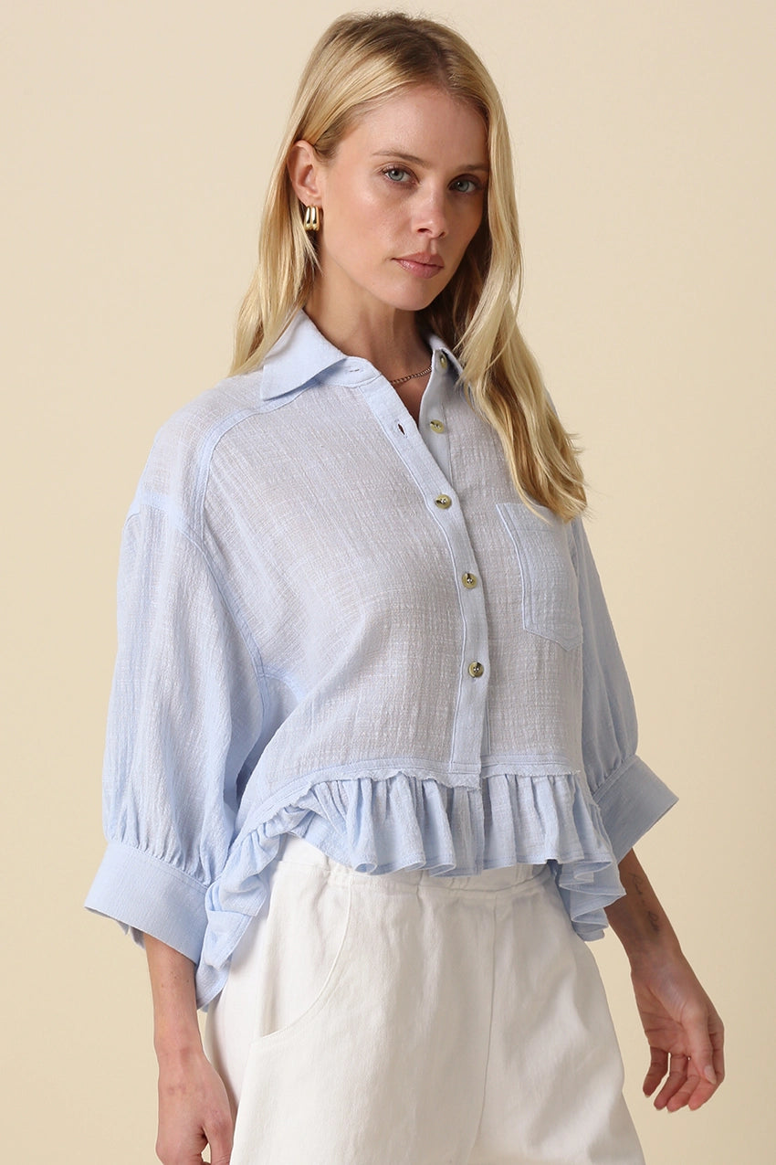 Lightweight Ruffle Hem Button-Up Blouse with Puff Sleeves in Blue