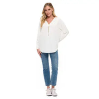 White V-Neck Zip Front Long Sleeve Blouse