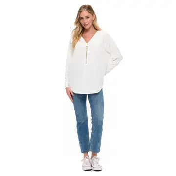 White V-Neck Zip Front Long Sleeve Blouse