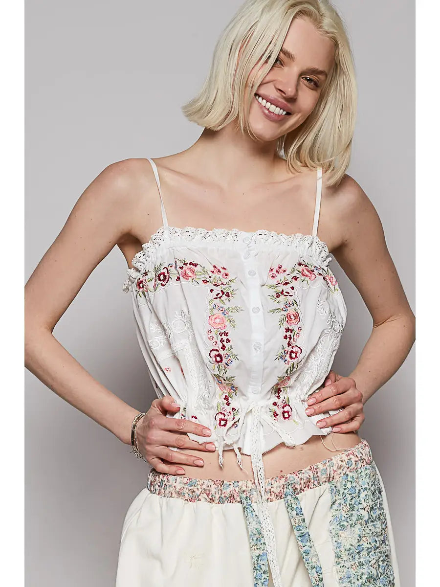 White Embroidered Trim Sleeveless Poplin Top