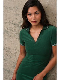 Green Short Sleeve Polo Collar Mini Dress with Contrast Trim