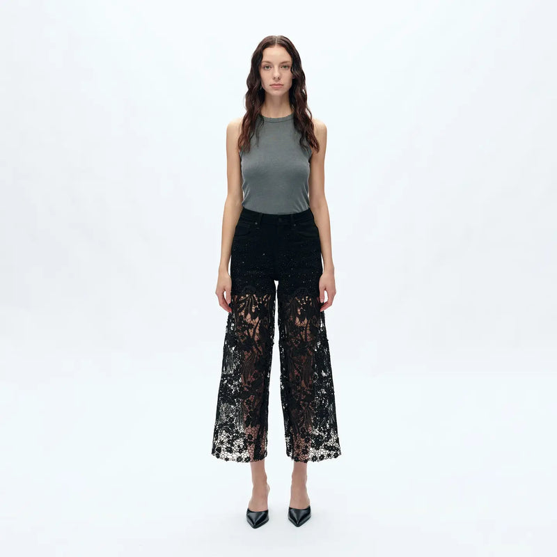 Black Wide Leg Jeans with Sheer Floral Lace Panels