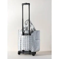 Metallic Silver Quilted Rolling Tote Travel Bag with Wheels