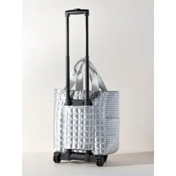 Metallic Silver Quilted Rolling Tote Travel Bag with Wheels