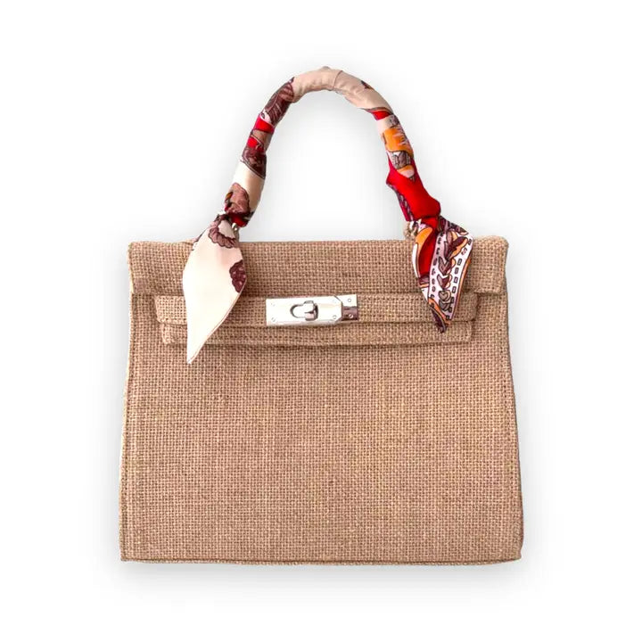 Woven Straw Tote Small Bag with red Stripe and Scarf Wrapped Handle