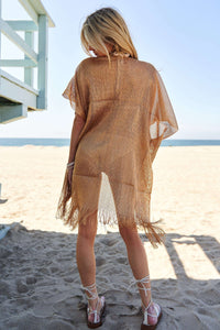 GLITTER TASSEL MESH 1/2 SLEEVE LOOSE FIT KIMONO COVER UP GOLD