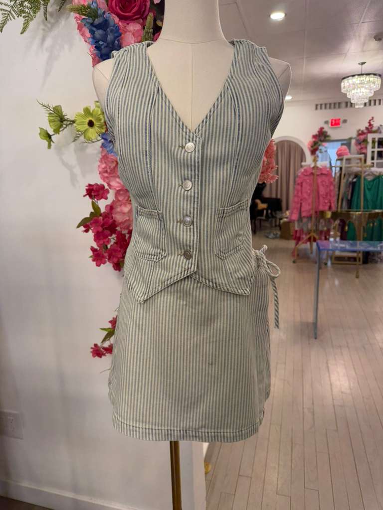 Striped Button Front Vest & Mini Skirt Matching Set