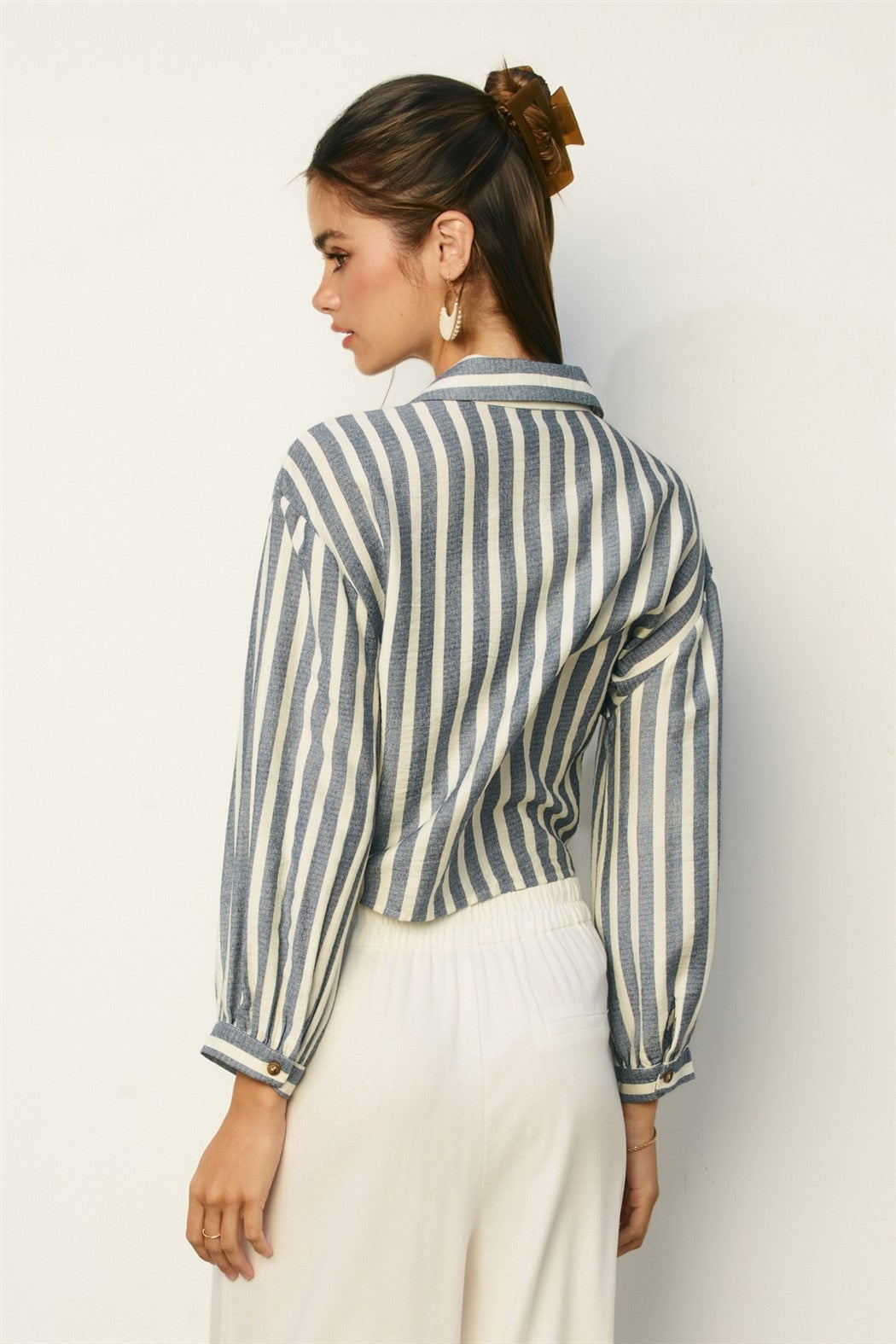 Striped Button-Up Tie Front Shirt with Balloon Sleeves