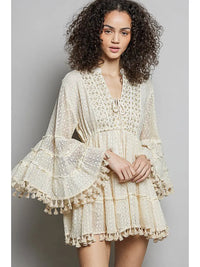 Boho Cream Lace Tassel Tiered Mini Dress