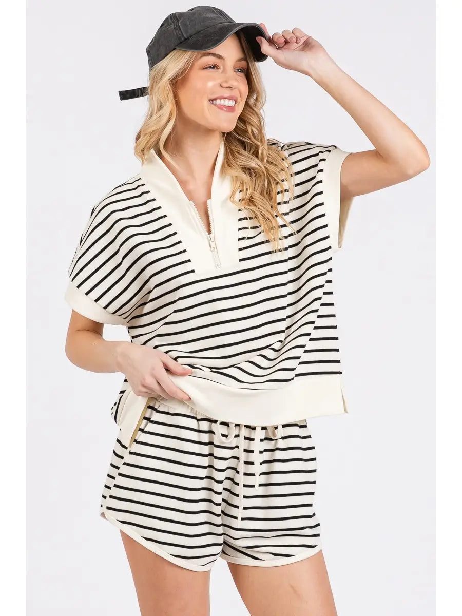 Striped Half Zip Lounge Top and Shorts Matching Set