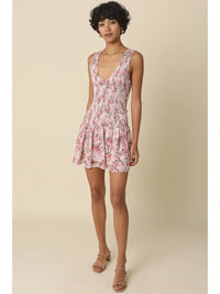 Smocked Floral Mini Dress with Ruffle Hem and Sleeveless V-Neck Design