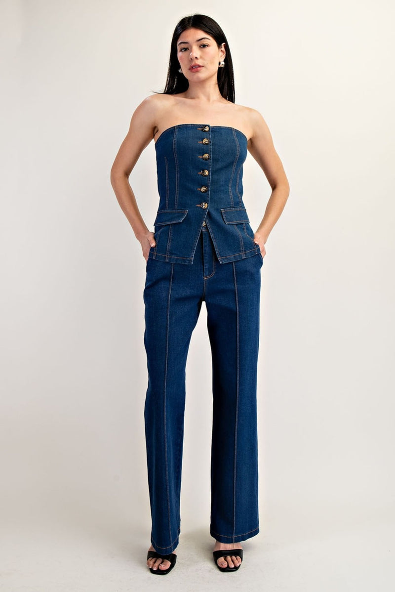 STRAPLESS TAILORED STRETCH DENIM TUBE TOP