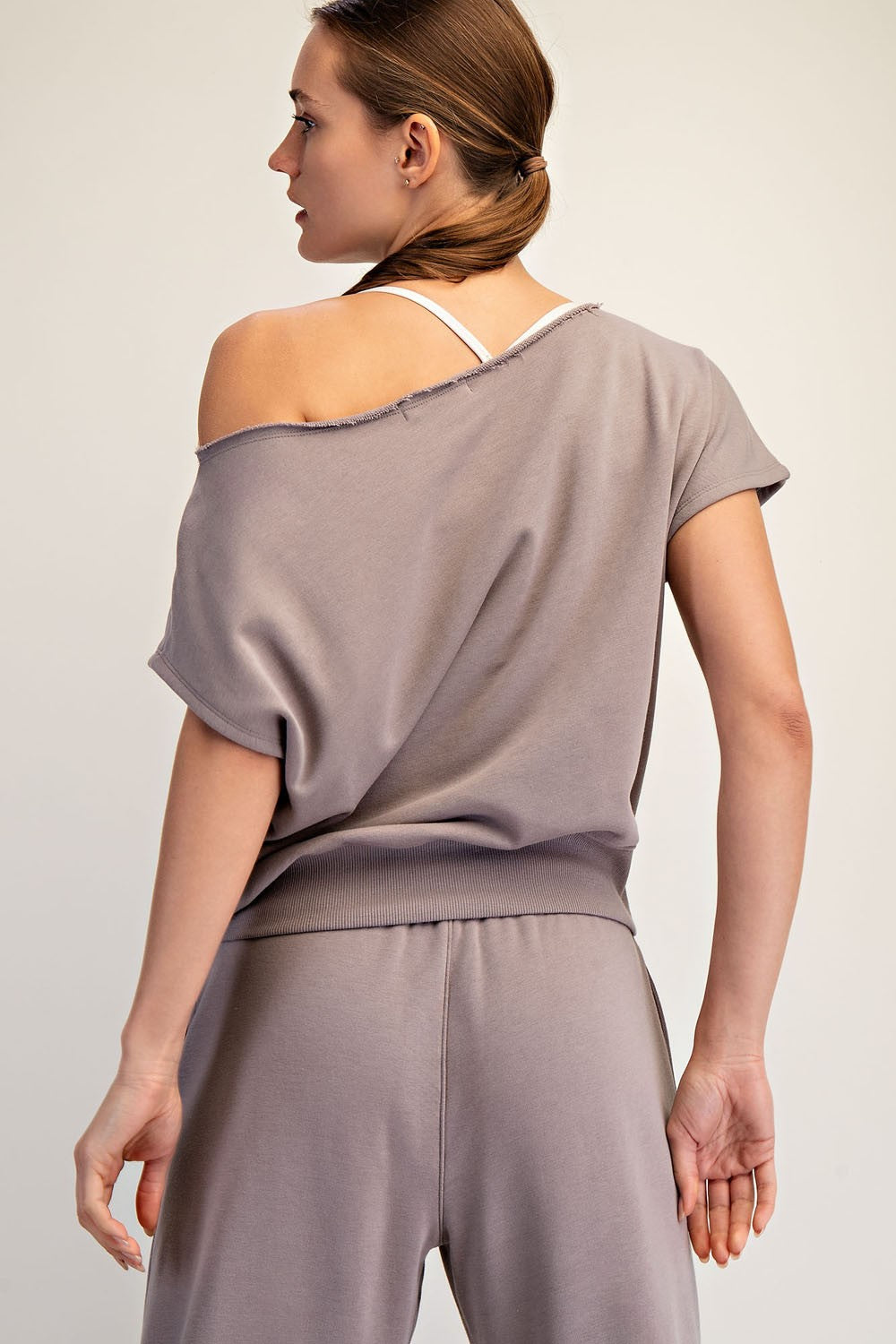 Nude Off-Shoulder Relaxed Fit Lounge Top