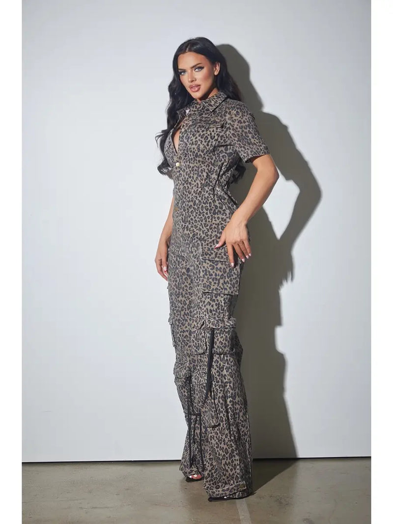 Leopard Utility Cargo Jumpsuit with Button Front and Short Sleeves