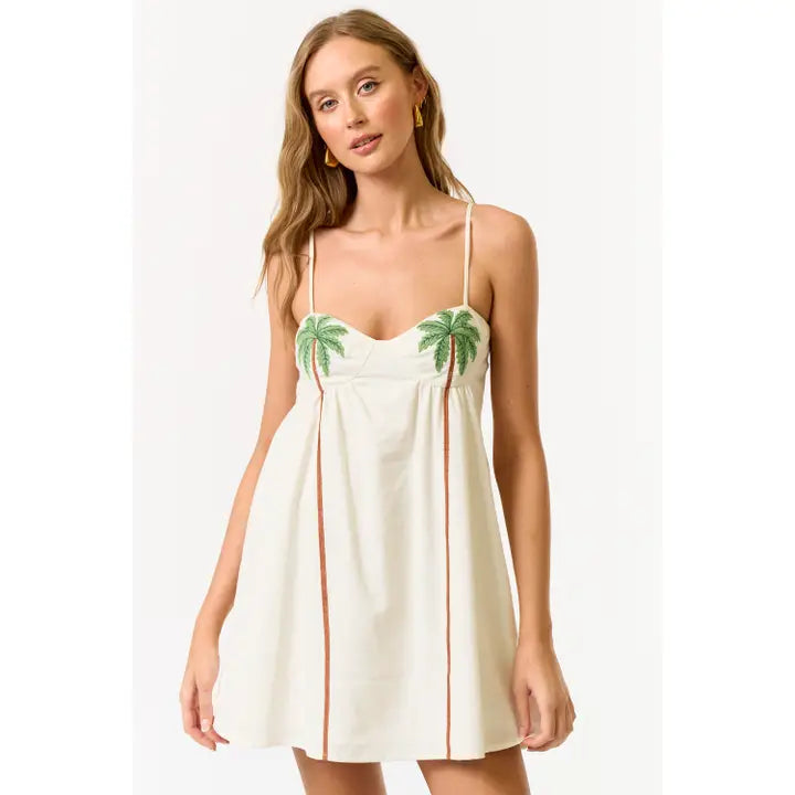 Palm Embroidered Spaghetti Strap Mini Dress with Flowy Fit