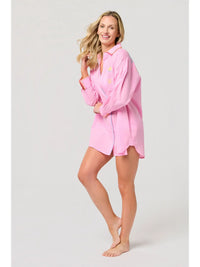Embroidered “Vacay” Pink Button Down Cover-Up Shirt Dress