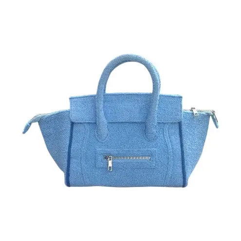 Blue Textured Mini Tote Bag with Zip Pocket and Top Handles
