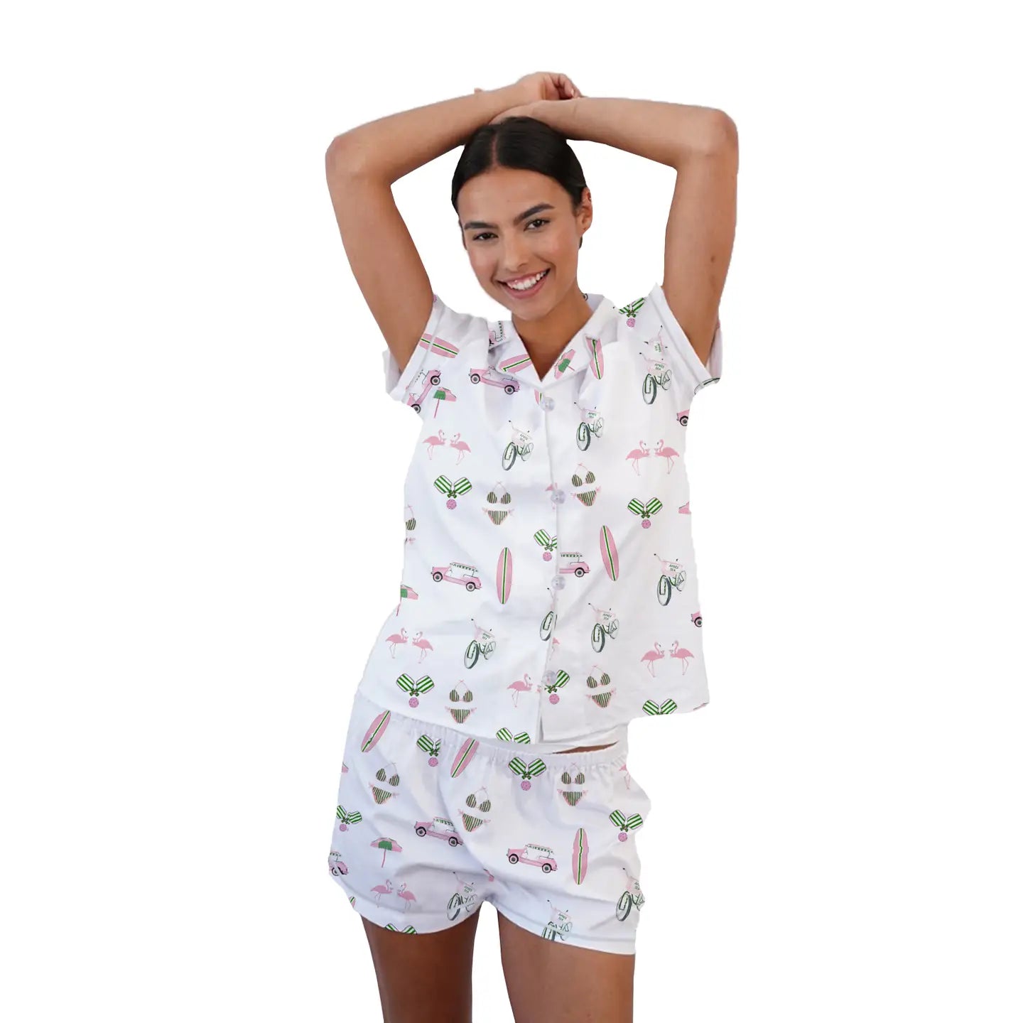 Printed Short Sleeve Pajama Set with Button-Up Top and Shorts