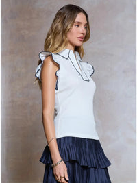 Scalloped Trim Flutter Sleeve Collared Knit Top