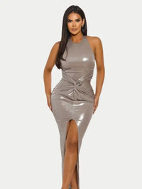 Liquid Shine Halter Ruched High Slit Maxi Dress