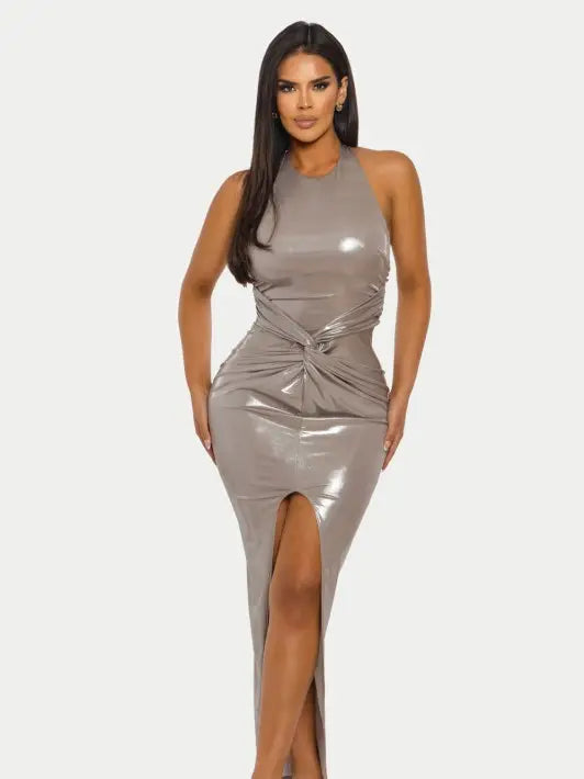 Liquid Shine Halter Ruched High Slit Maxi Dress