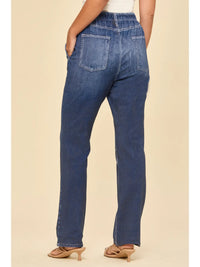 High Rise Elastic Waist Straight Leg Jeans in Dark Denim Ombre Wash