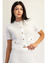 White Textured Knit Button Front Cropped Top