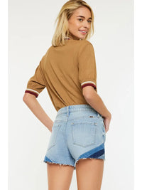 High Rise Colorblock Chevron Denim Shorts with Raw Hem