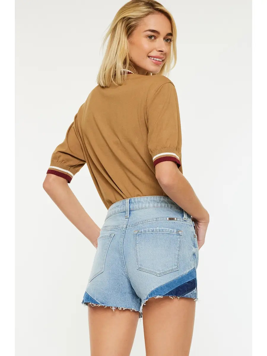 High Rise Colorblock Chevron Denim Shorts with Raw Hem