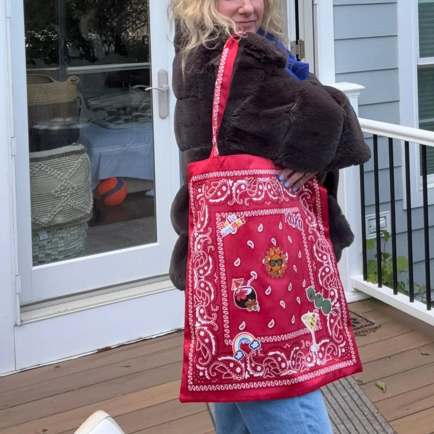 Red Bandana Print Canvas Tote Bag Oversized Summer Graphic Shopper