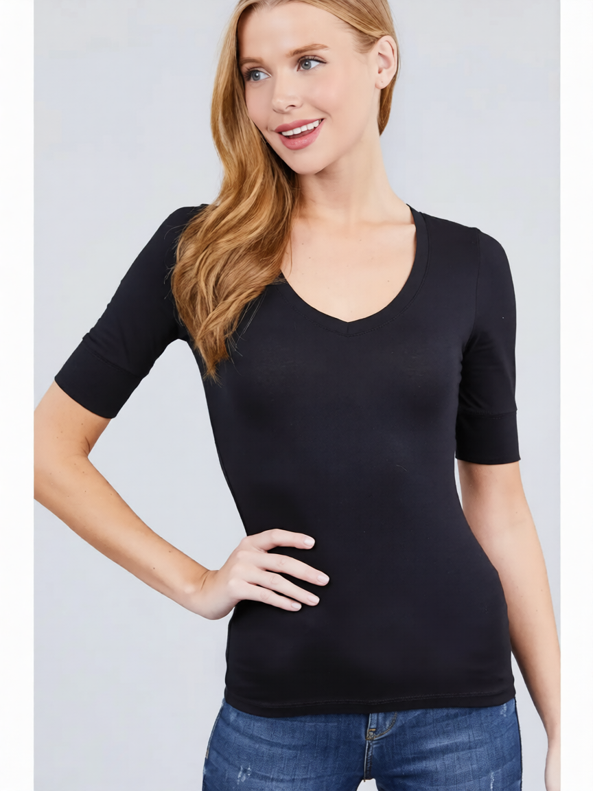 Plus Size Black V-Neck Fitted Short Sleeve Basic Tee