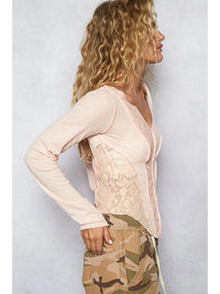 Pink Lace Panel Outseam Long Sleeve Top