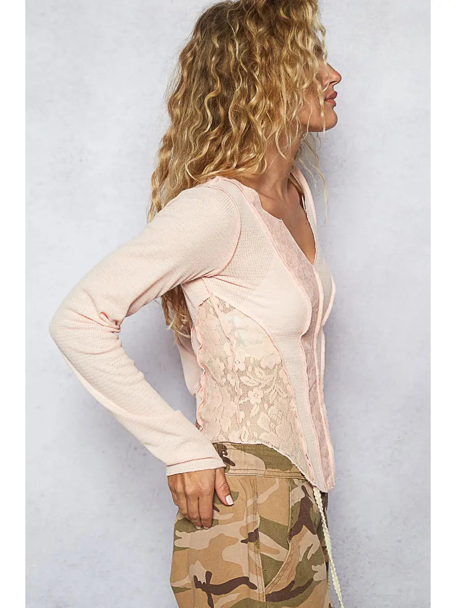 Pink Lace Panel Outseam Long Sleeve Top