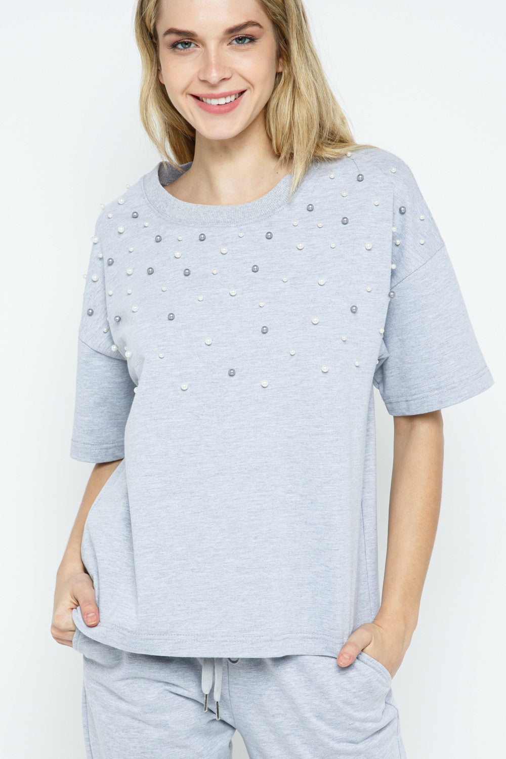 Grey Pearl Embellished Short Sleeve Top