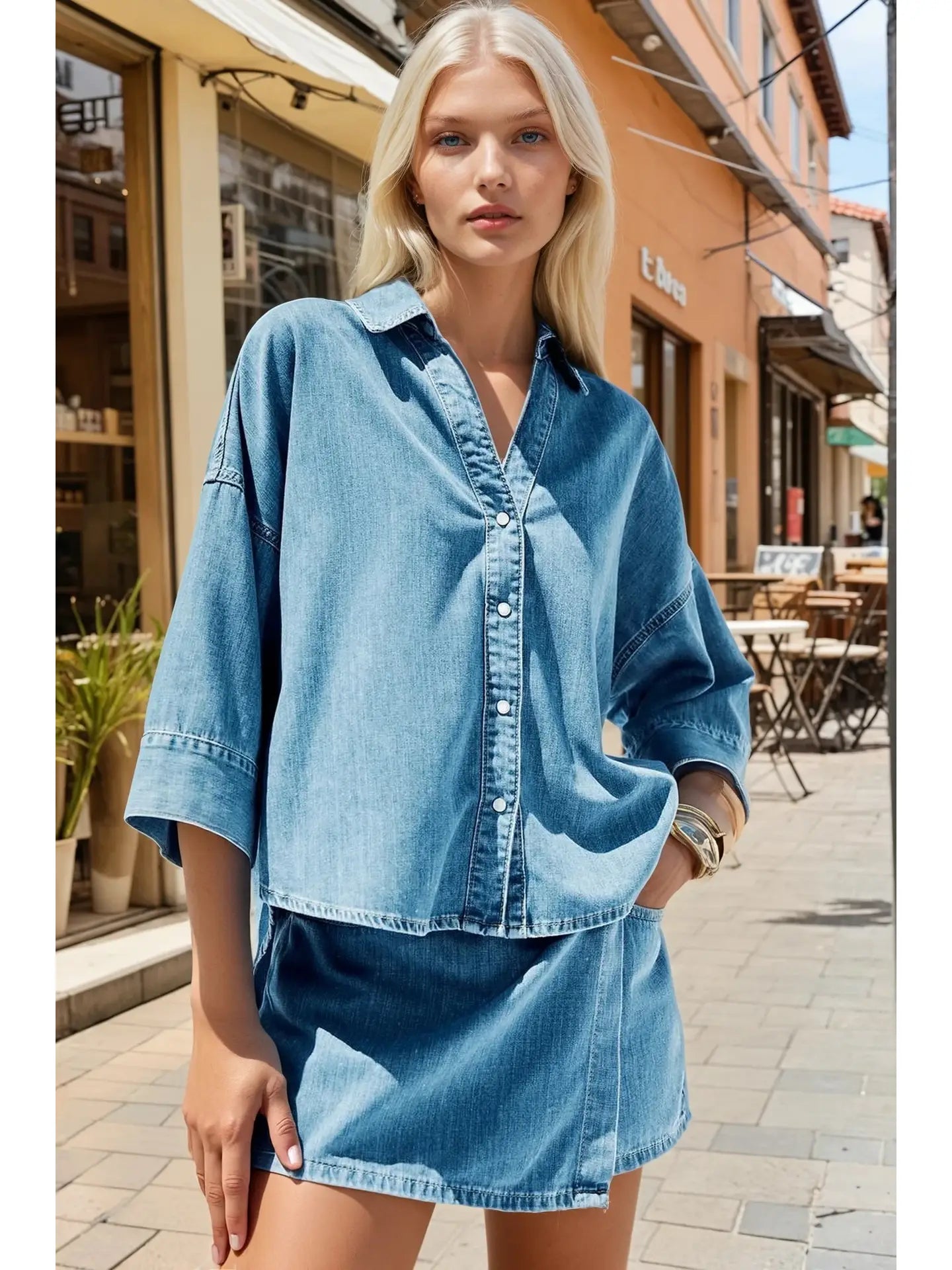 Light Wash Denim Cropped Button Front Shirt