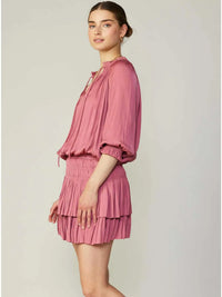 Dusty Rose Pleated Tiered Mini Dress with Smocked Waist