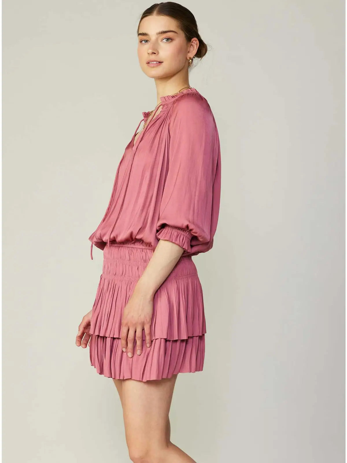 Dusty Rose Pleated Tiered Mini Dress with Smocked Waist