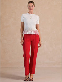 White Ribbed Knit Pleated Hem Short Sleeve Top