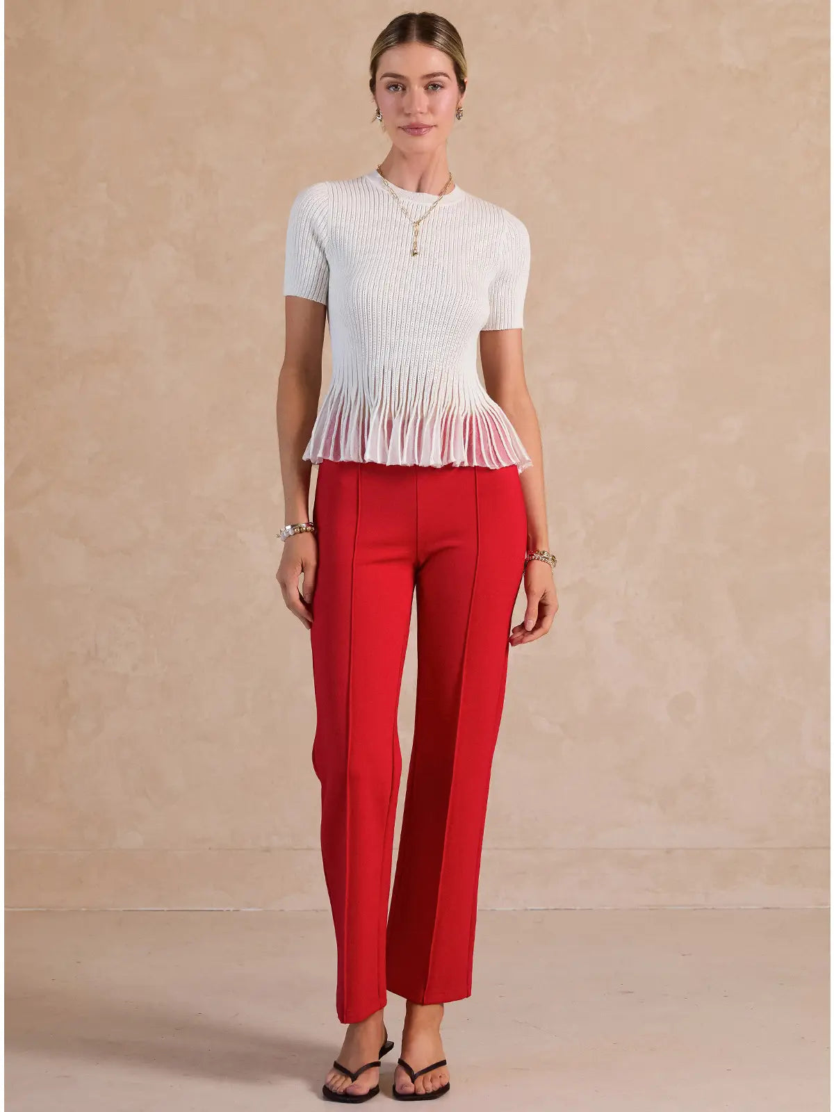 White Ribbed Knit Pleated Hem Short Sleeve Top