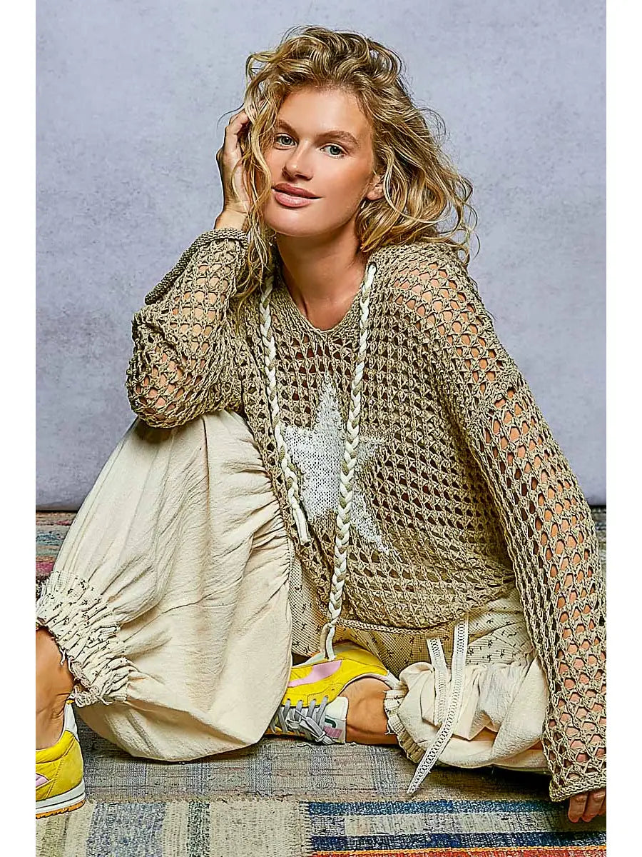 Boho Crochet Star Hooded Knit Top