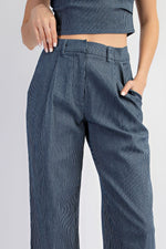 STRETCH DENIM STRIPE PLEAT WIDE LEG PANTS