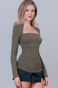 Rouched Square Neck Long Sleeve Top