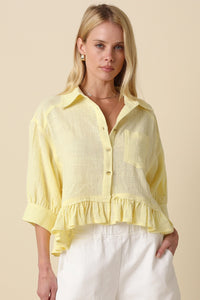 Lightweight Ruffle Hem Button-Up Blouse with Puff Sleeves in Pastel Yellow