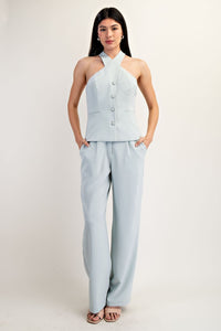 Ice Blue Halter Neck Blazer Vest – Chic Button-Up Waistcoat