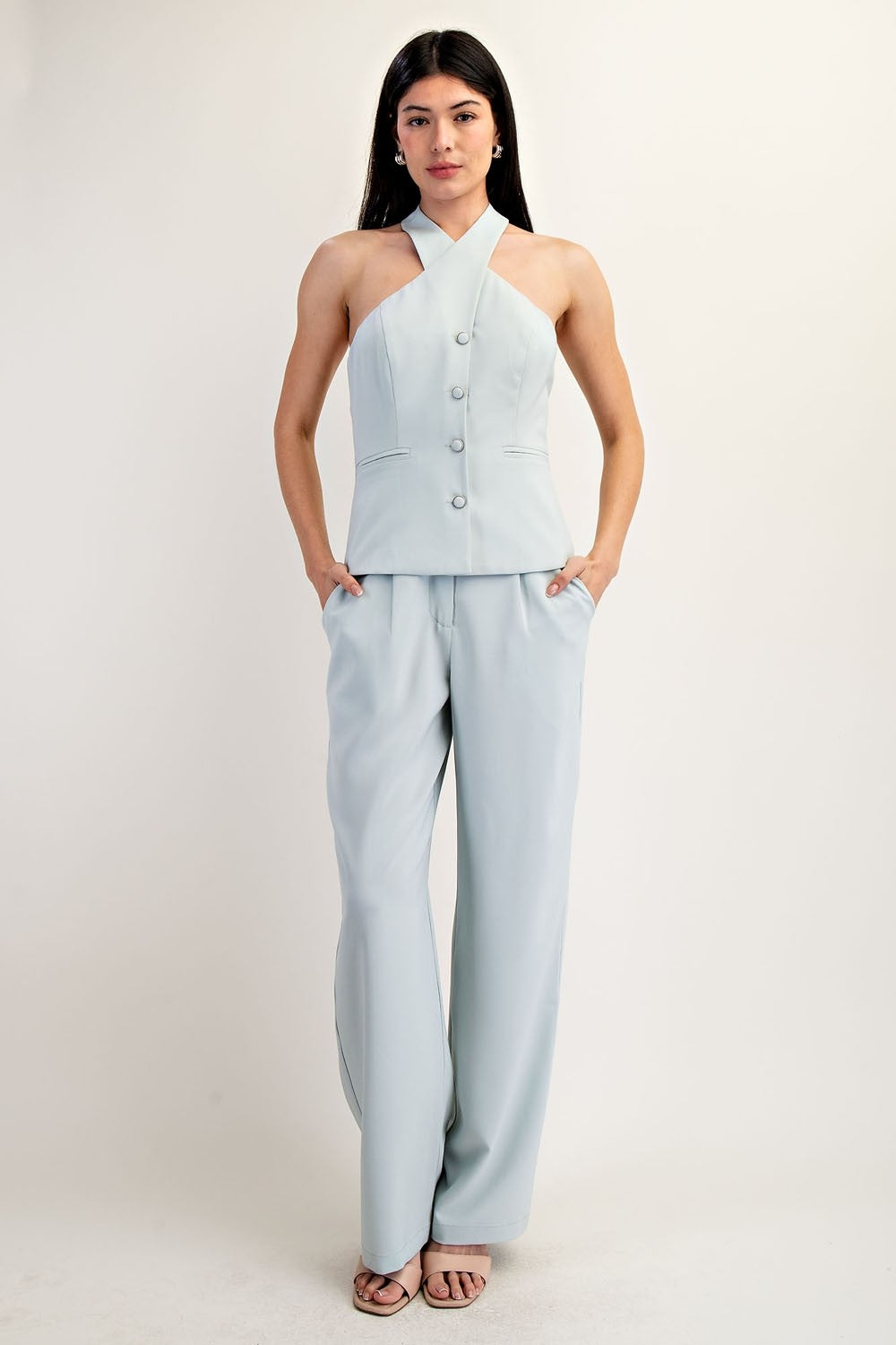 Ice Blue Halter Neck Blazer Vest – Chic Button-Up Waistcoat