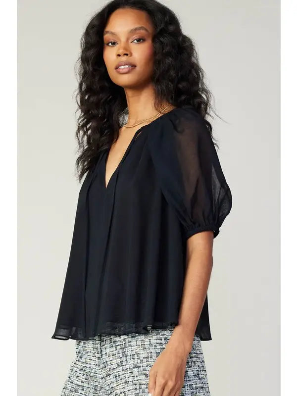 Black Sheer Puff Sleeve Flowy Blouse