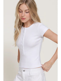 Ribbed White Henley Short Sleeve Fitted Crop Top